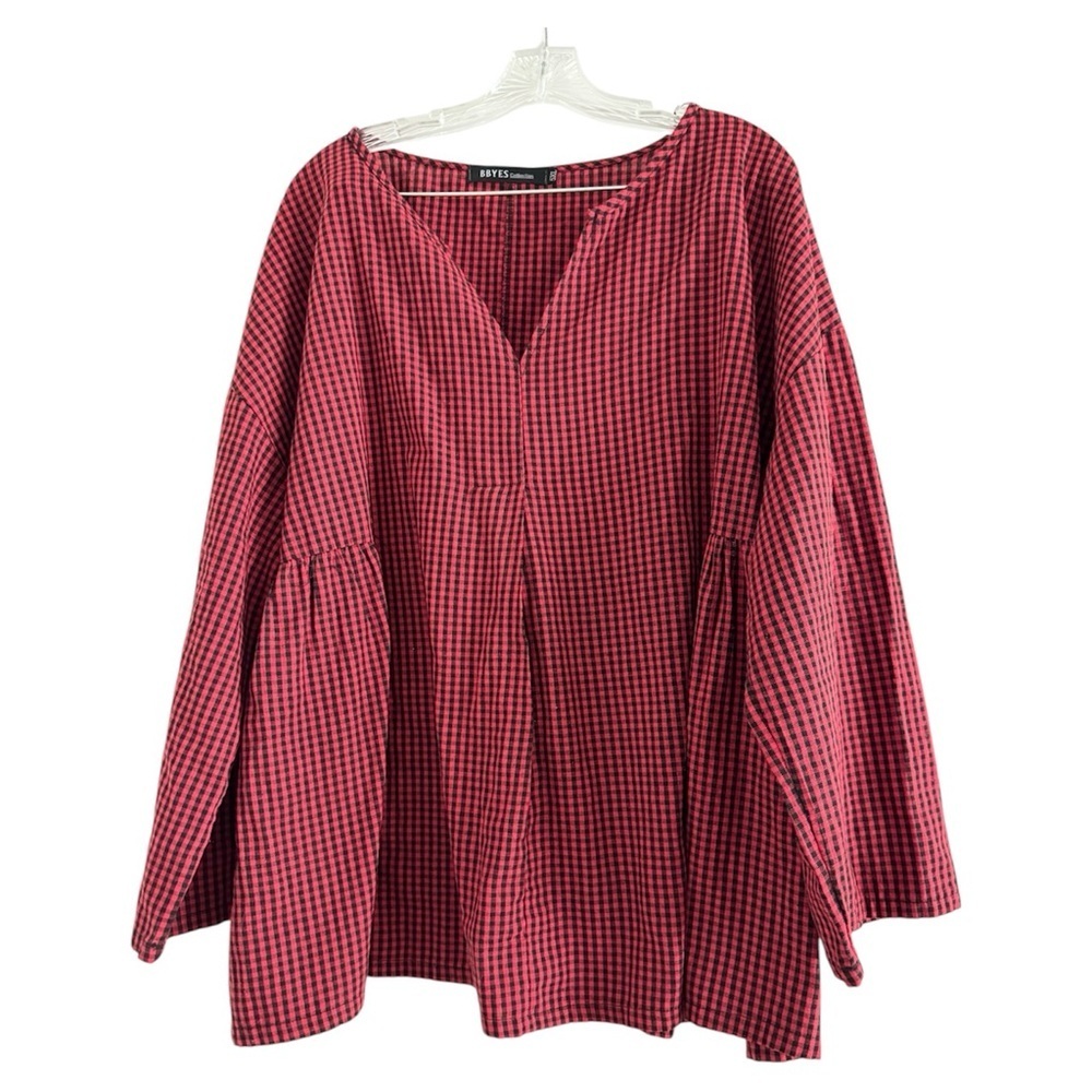 BBYES Collection Women Red Black Checkered Flowy Long Sleeve Blouse-PLUS 5X